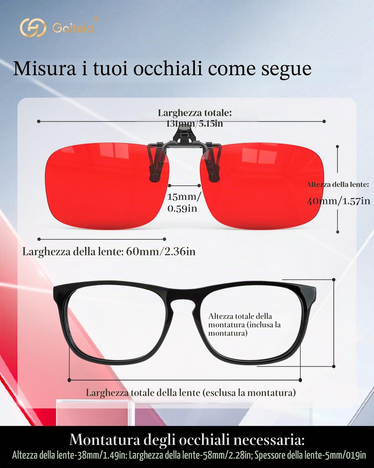 Goiteia Clip on Occhiali Luce Blu Rossa – 100% Blocca completamente la luce blu e verde – Pellicola AR a doppio strato – Allevia la fatica oculare e migliora il sonno