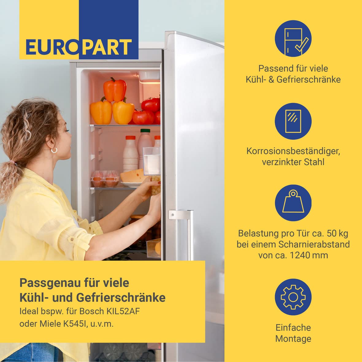 Europart Juego de bisagras para puerta Bosch 10052968 Frigorífico, Congelador, Frigorífico, Congelador, Plata