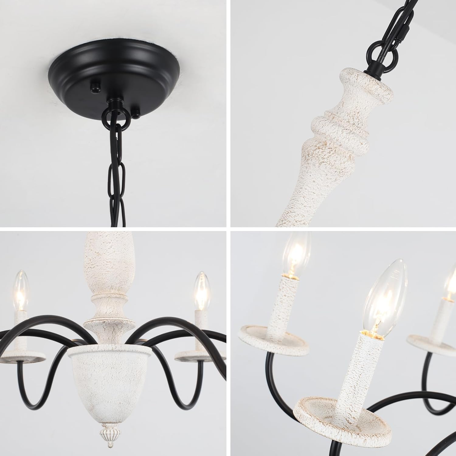 French Country Chandelier, 6 Lights Rustic Farmhouse Chandelier for Dining Room Antique Handmade Real Wood Brown White with Black Metal Arm Bedrooms Foyer Living, E12