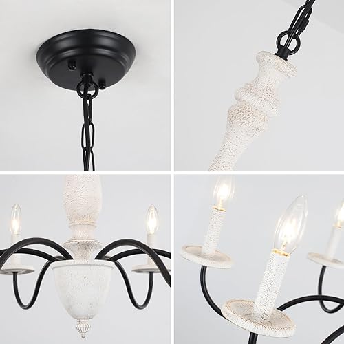 Miniatura 8 de Candelabro de campo francés, 6 luces rústicas de granja para comedor, antiguo, hecho a mano, madera real, marrón y blanco con brazo de metal negro,