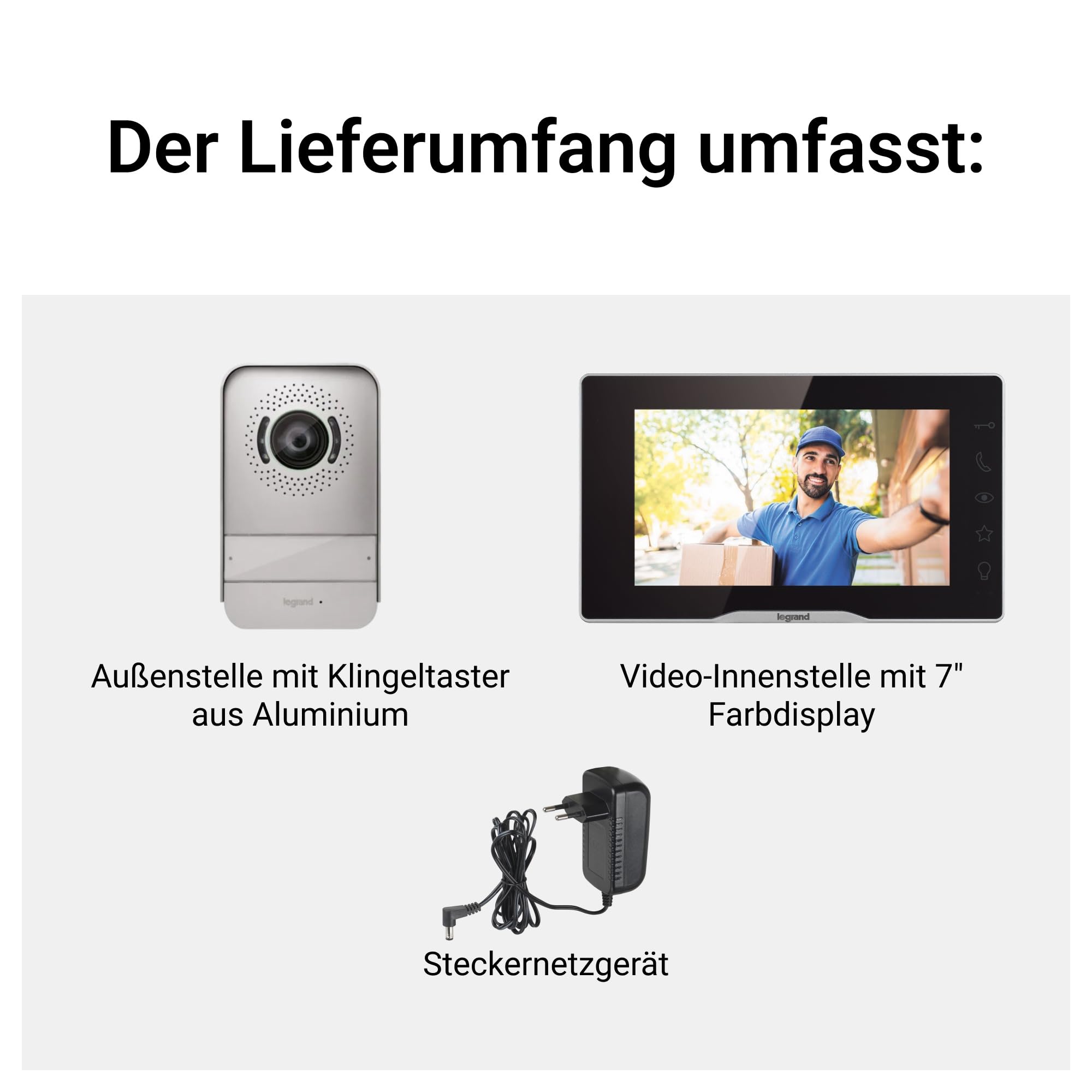 LEGRAND, EASYKIT Plus Video-Türsprechanlagen-Set mit 2-Draht-Anschluss, 7"-Farbmonitor-verspiegelt & Weitwinkelkamera, 1-/2-Familienhaus-Set, erweiterbar, Steckernetzgerät, IP54-IK07, Schwarz, 368910