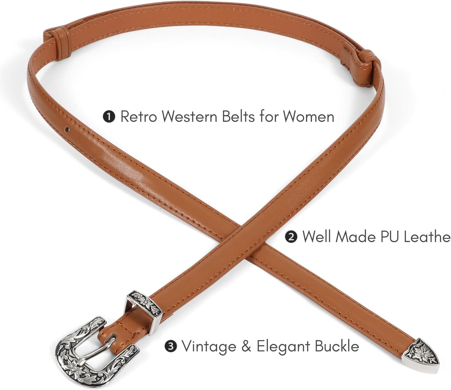 SUOSDEY Western Skinny Leather Belts for Women Adjustable Thin Waist Belt for Dresses with Vintage Buckle - Image 5