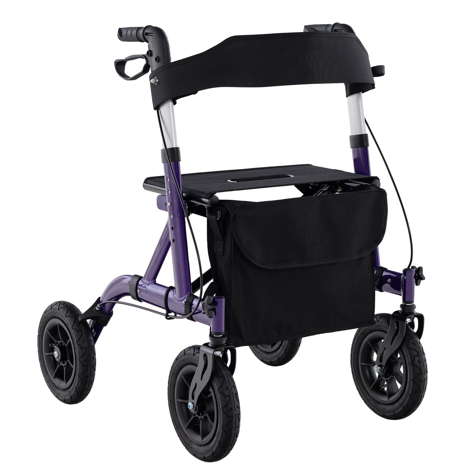 COSTWAY Foldable Rollator, Height Adjustable Rolling Walker with Seat, 24CM All Terrain Wheel, Storage Bag, Lightweight Walking Aid Frame for for Elderly & Disabled, 136 KG Weight Capacity (Purple)
