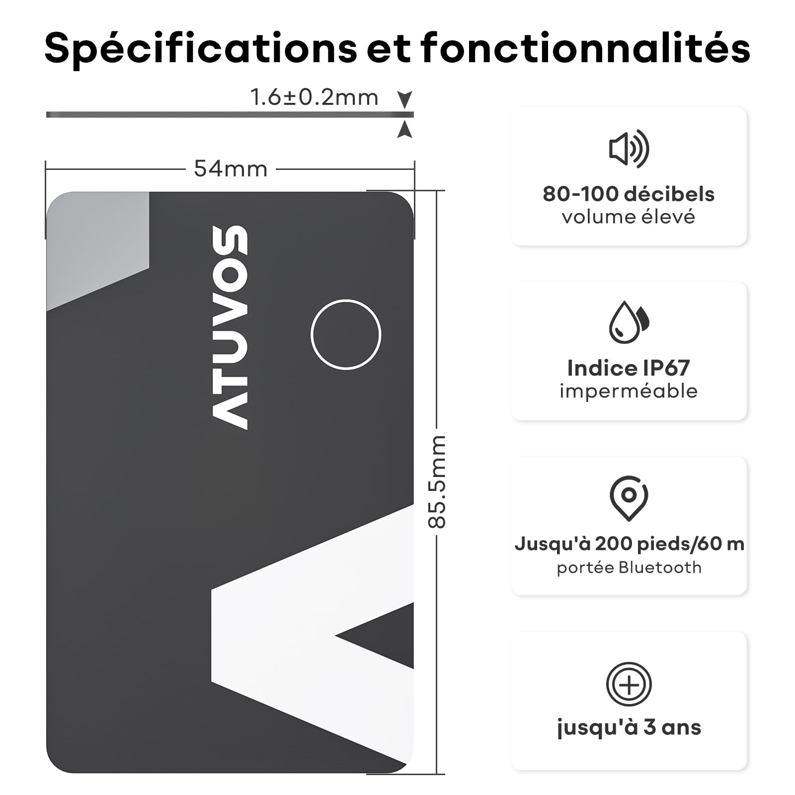 ATUVOS Air Tag Traceur, Wallet Tracker Card Fin 1,6 mm, Bluetooth Localisateur d'article Fonctionne avec Apple l’app Localiser (Uniquement iOS), pour Valises/Portefeuilles/Clés/Sacs/Bagages, Lot de 2