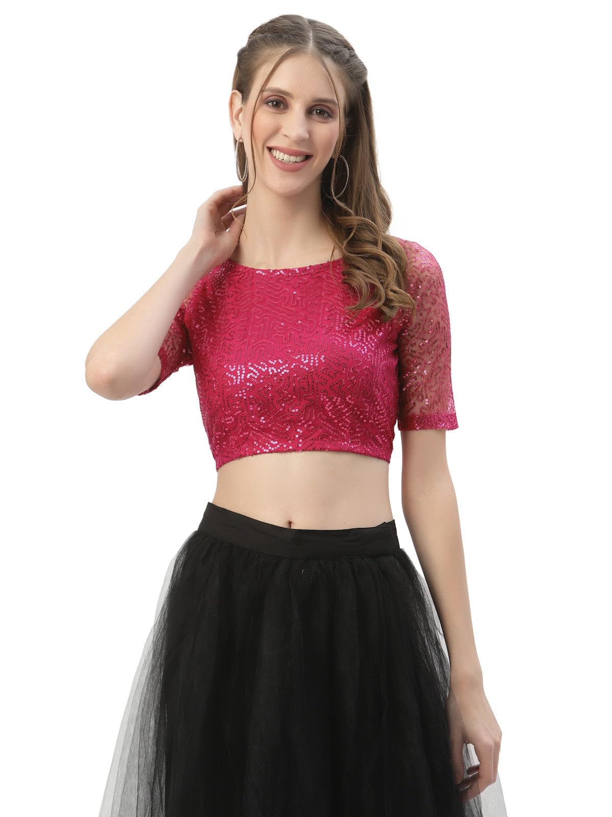 studio rasa Women's Net Sequin Embroidered Sheer Sleeves Crop Top for Wedding Party Festives-picture-32
