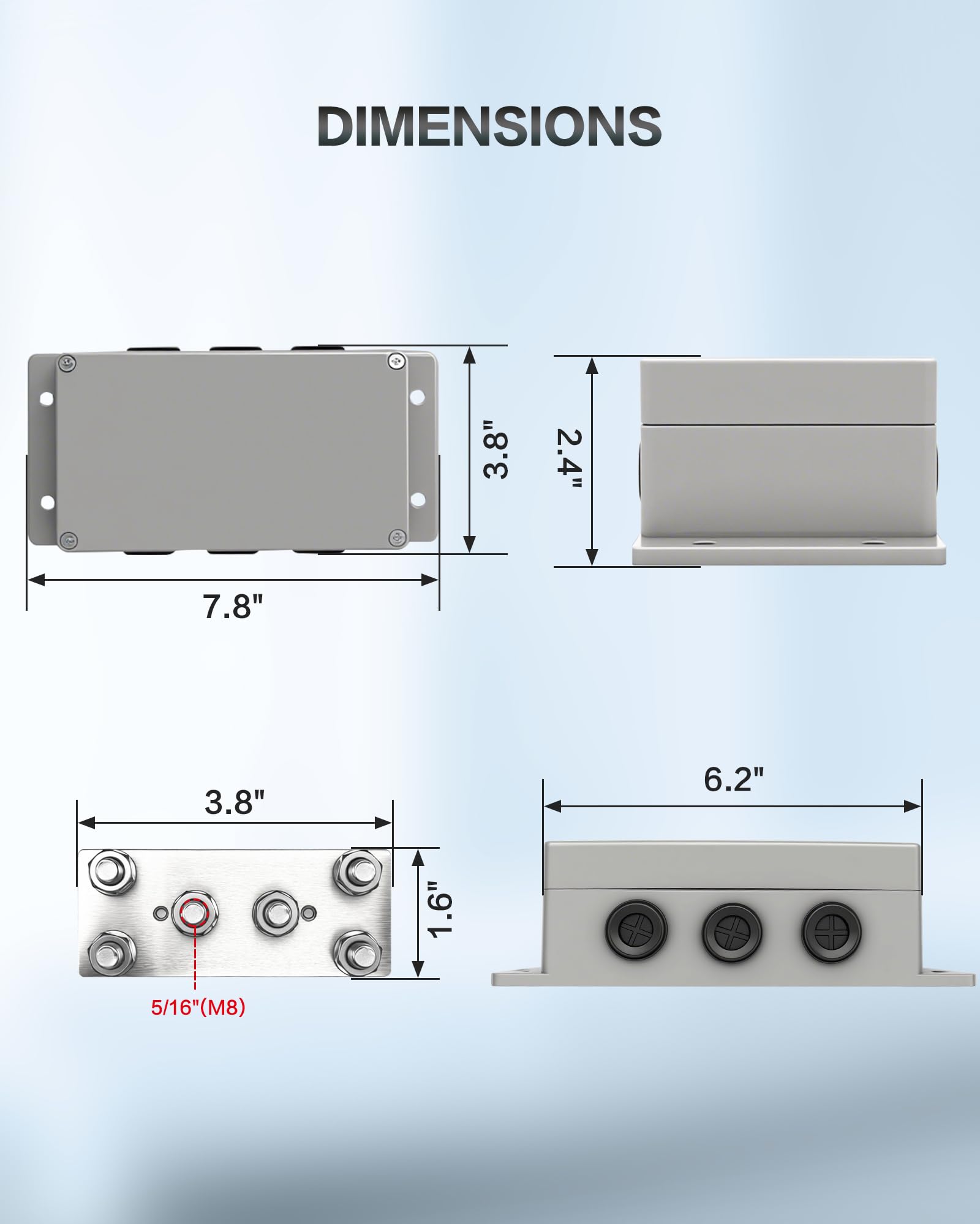 500 A 12 V Sammelschiene, robuster Stromverteilerblock mit 6 x 5/16 Zoll (M8) Klemmbolzen, wasserdicht, Marine-Sammelschiene für Auto, Boot, Wohnmobil, Solaranlage
