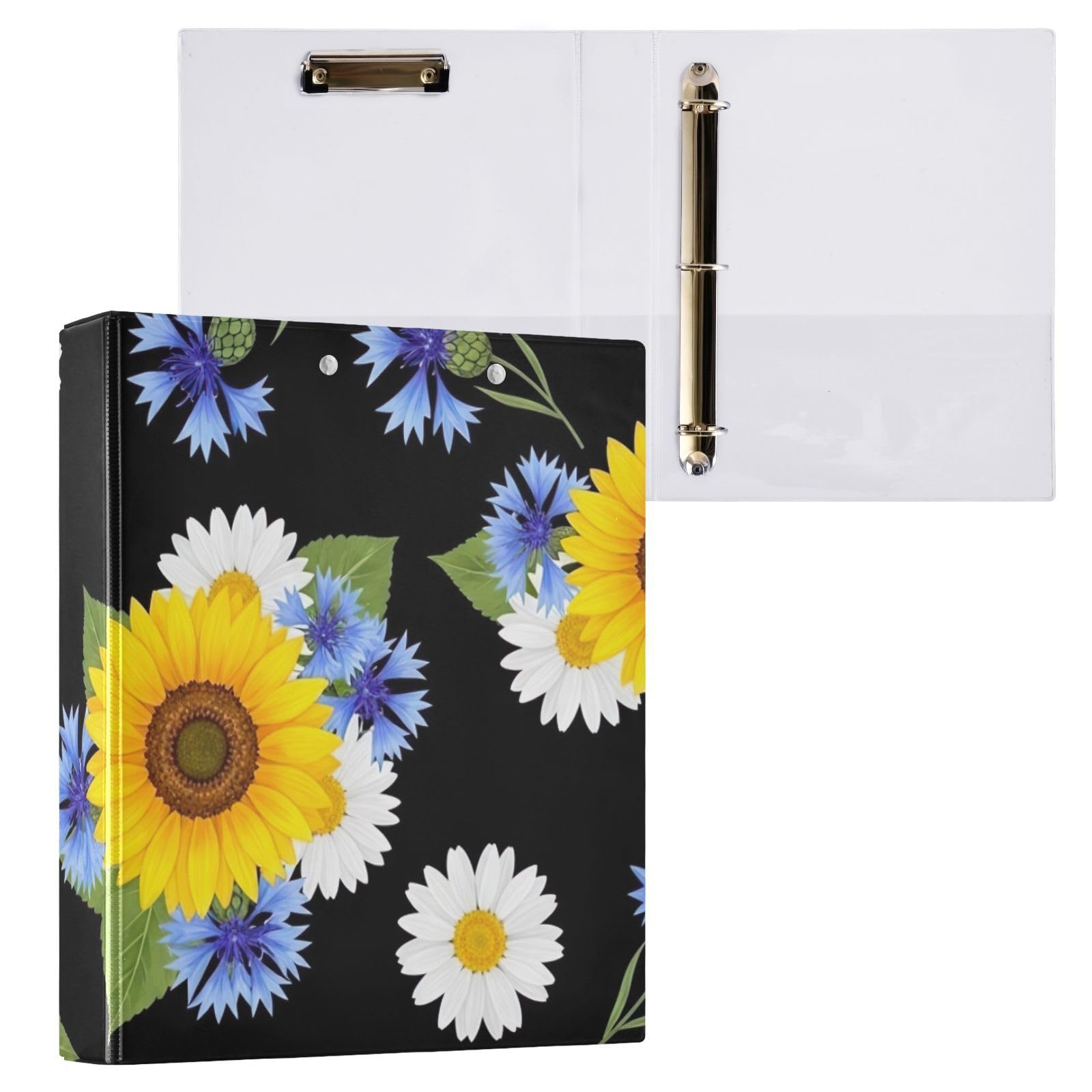 Sunflowers Black 3 Ring Binder 1.5 Inch, Flexible D Ring Binder with Pockets, 3 Ring Binders for School, College, Office, one sizex2
