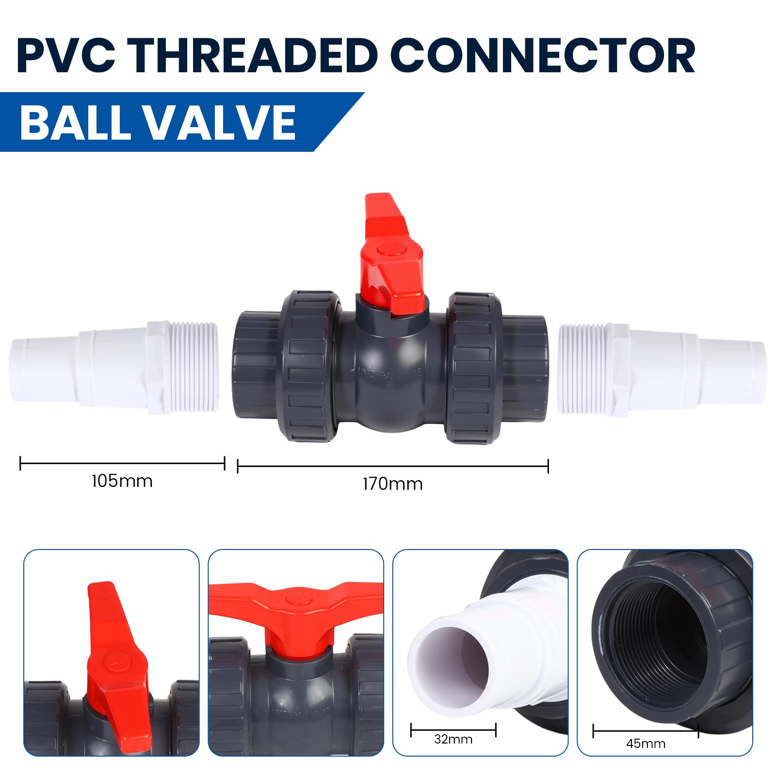 Válvula de bola con conector de manguera de PVC, válvula de cierre para piscina, incluye 1 válvula de cierre de 1 1/2" (50 mm), 2 boquillas de manguera de 32-38 mm, conector de manguera de