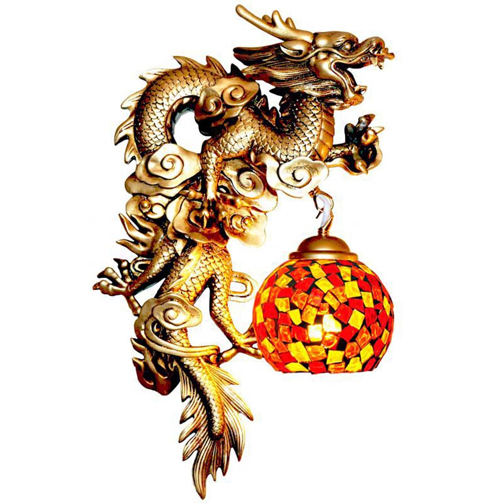 Golden Dragon Sculpture + Maple Red Apszade, lampa ścienna hotelowa w stylu południowo -wschodnim, lampa zewnętrzna,Left