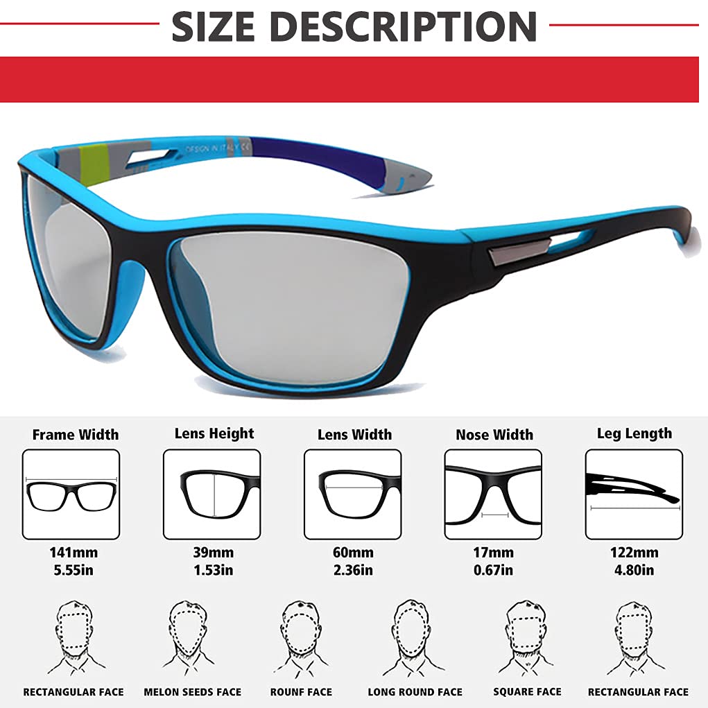 Gafas de sol fotocromáticas polarizadas de pesca para hombres y mujeres, protección UV, ciclismo, conducción y deportes gafas de sol, Marco azul/Lente fotocromática, Medium