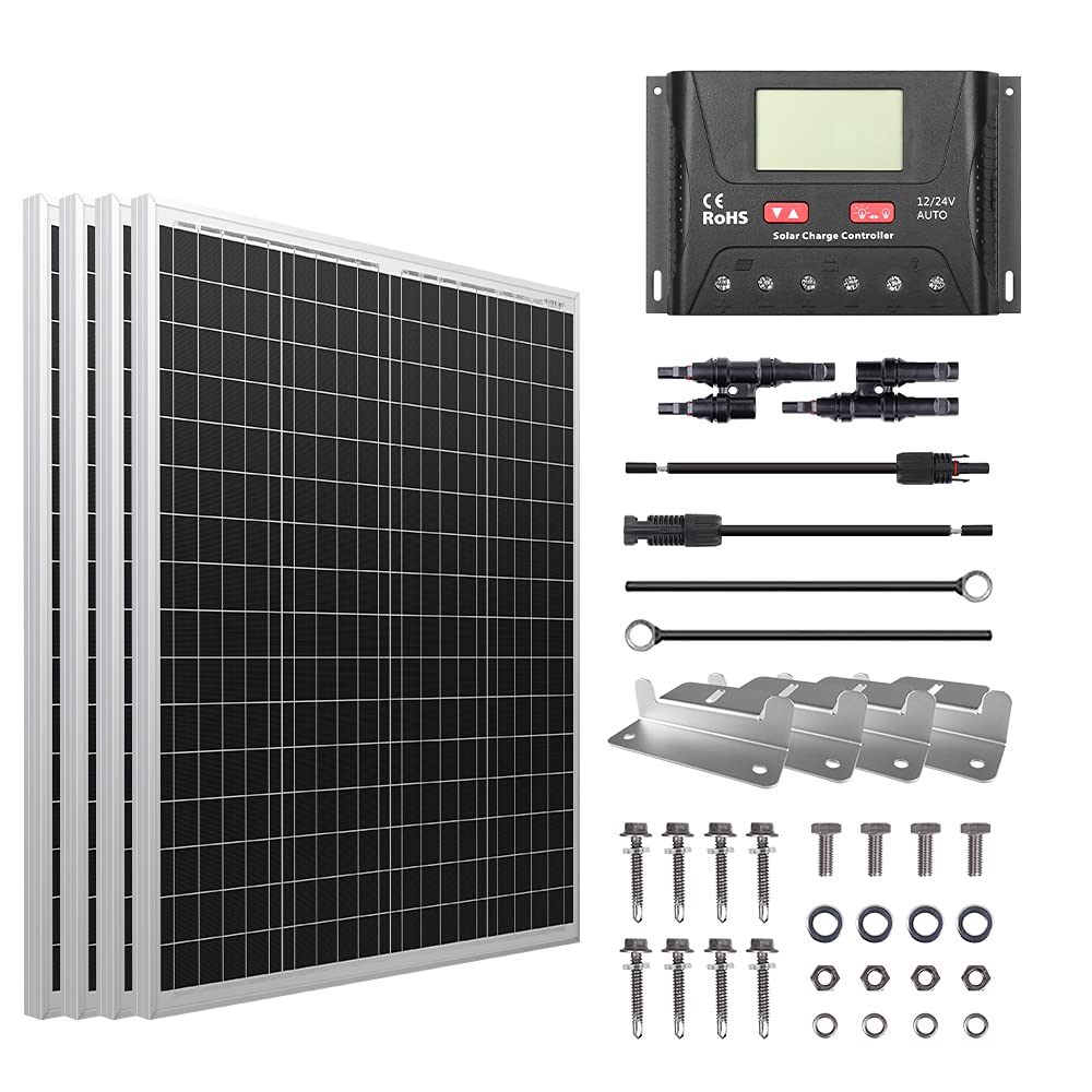 HQST 400W Polycrystalline Solar Panel Kit-4 100W Panels+30A PWM Controller+4 Sets Z Bracket+20ft 10AWG PV Cable+8FT 10AWG ...