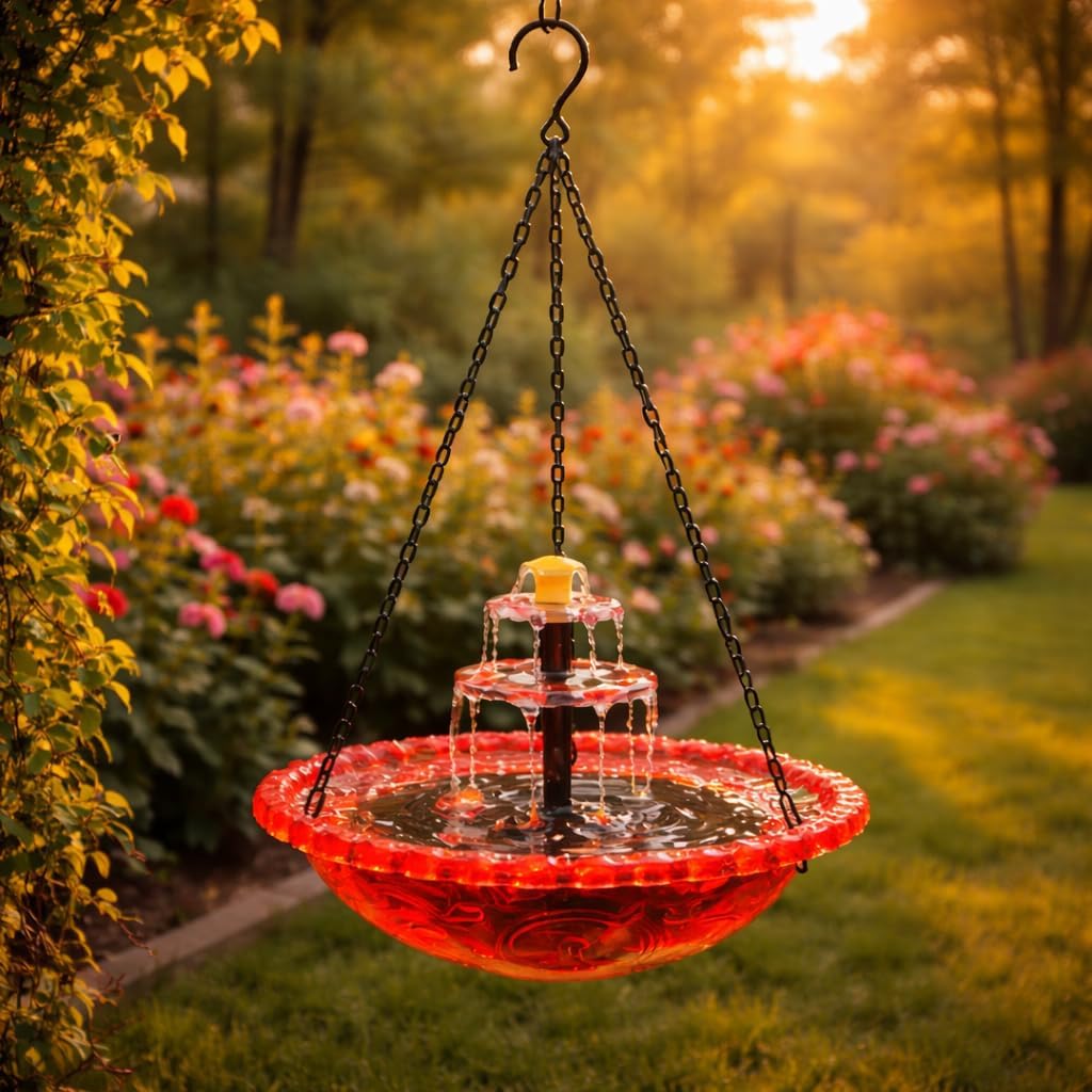 Solar Hanging Bird Bath Fountain with Solar Pump, Cascading Outdoor Water Fountain with Glass Bowl, Decorative Hanging Bird Bath for Garden, Yard, Patio, Porch, Tree (Grey)