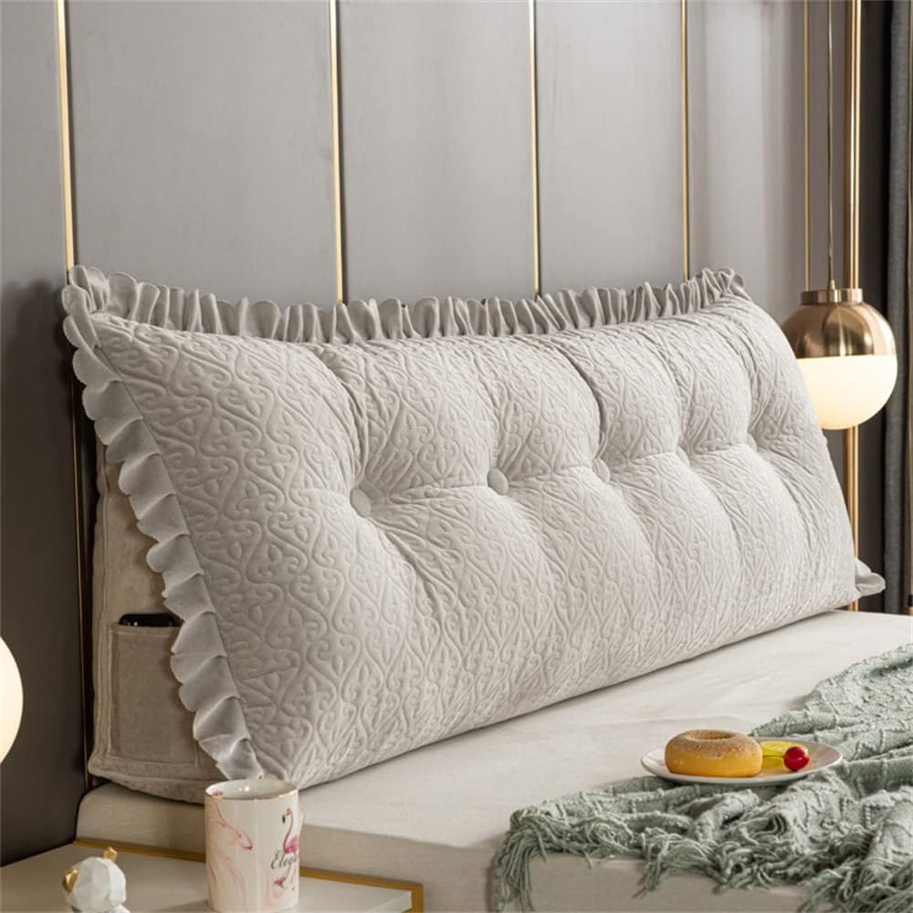 Solid Color King Headboard Cushions Triangular Wedge Reading Body Pillow Soft PP Cotton Filled Bolster Large Back Pillow with Removable Cover,Grey,59"/150cm
