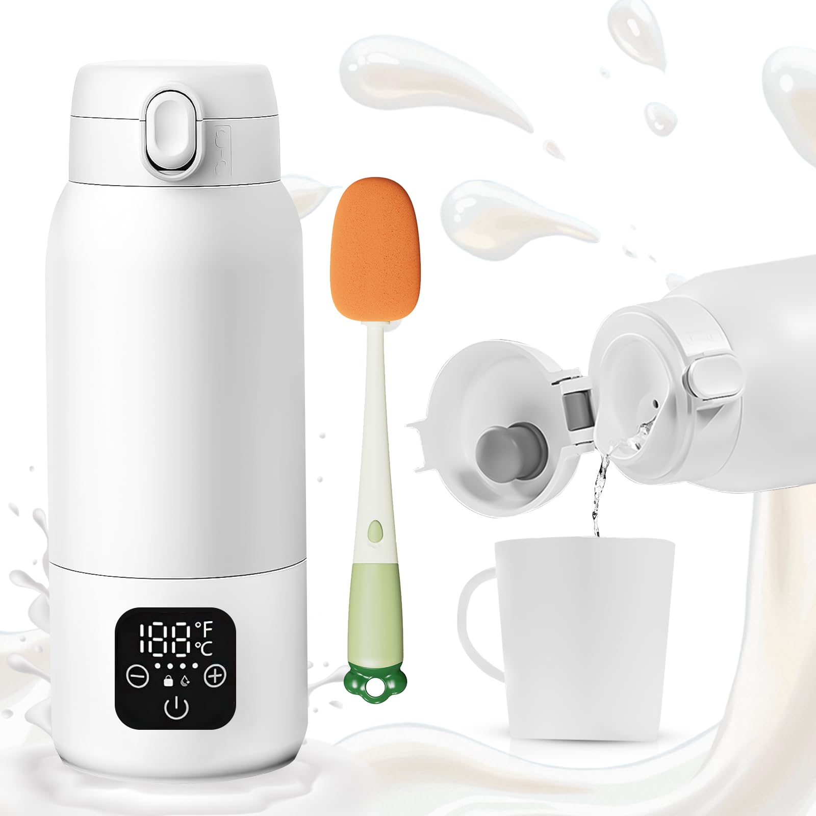 Tragbarer Baby Flaschenwärmer für Unterwegs, Mobiler Flaschenwärmer Baby 30W USB-C Schnellladen, 11000mAh-Akku Schnellwärmung, Präzise Temperaturkontrolle, Keimfrei & Auslaufsicher, Reinigungsbürste