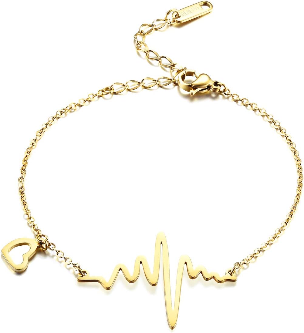 Stainless Steel 18k Rose Gold Plated EKG Heartbeat Love Cardiogram Adjustable Bracelet Jewelry for Women 3 Colors