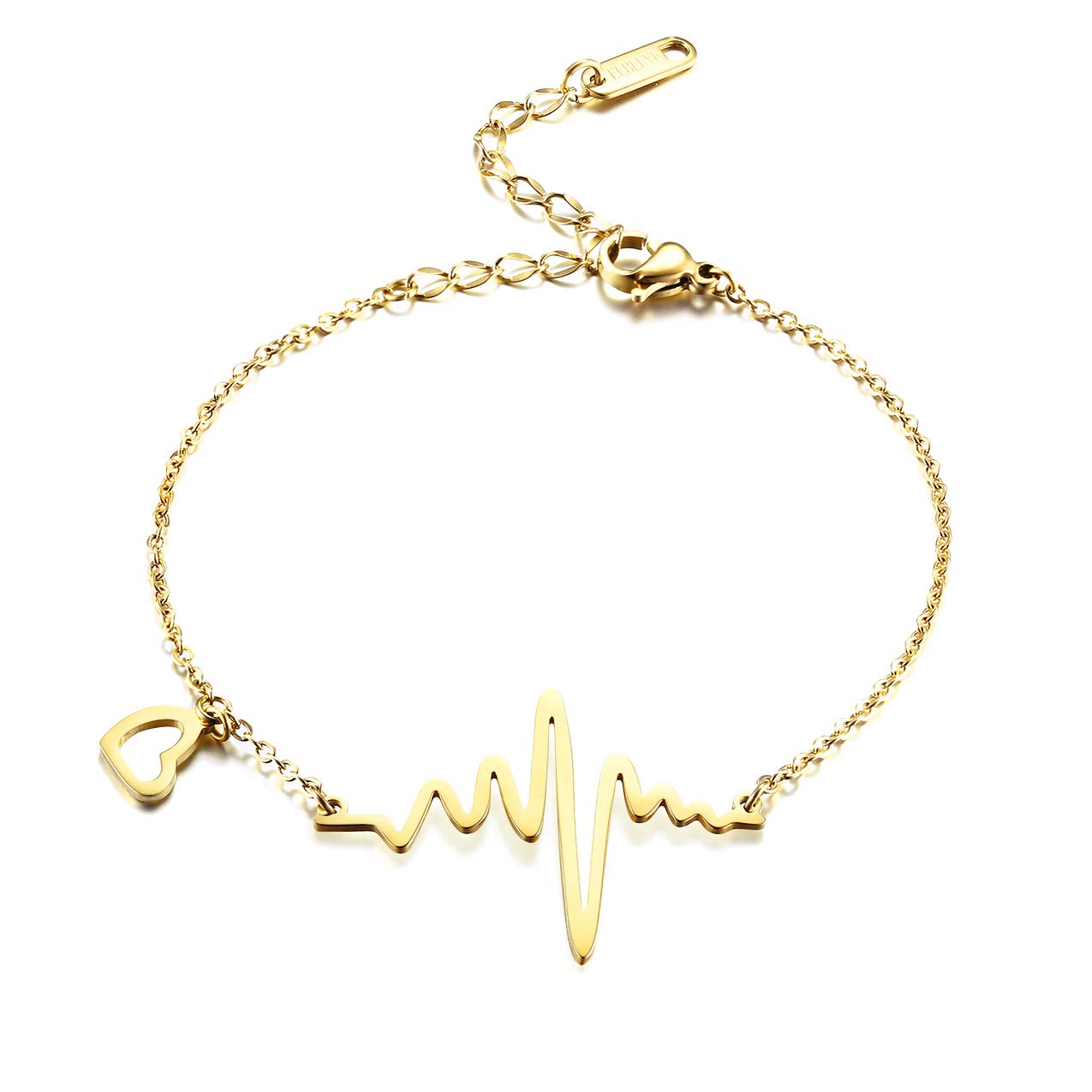 Stainless Steel 18k Rose Gold Plated EKG Heartbeat Love Cardiogram Adjustable Bracelet Jewelry for Women 3 Colors