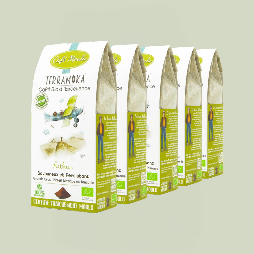 TERRAMOKA - 1,25 KG Café Moulu Bio d’excellence (5 * 250g) - 80% Pur Arabica du Mexique et Brésil & 20% Robusta de Tanzanie - Savoureux et Persistant - 100% Recyclable - Arthur - Torréfié en France