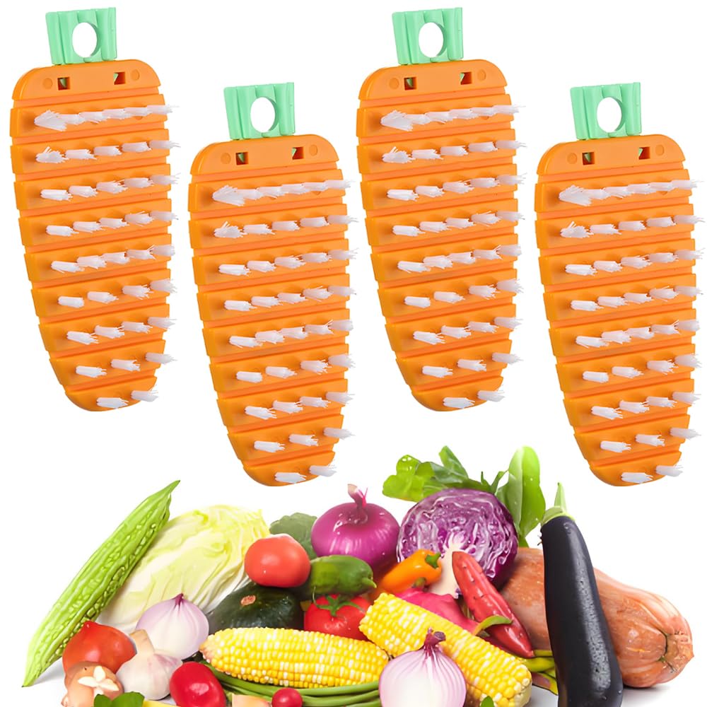 Huoanpo Yellow 4Pcs Vegetable Brushes - Potato Scrubber, Carrot Shape Fruit Brush | Kitchen Scrubber For Carrots, Potatoes And Sink Cleaning