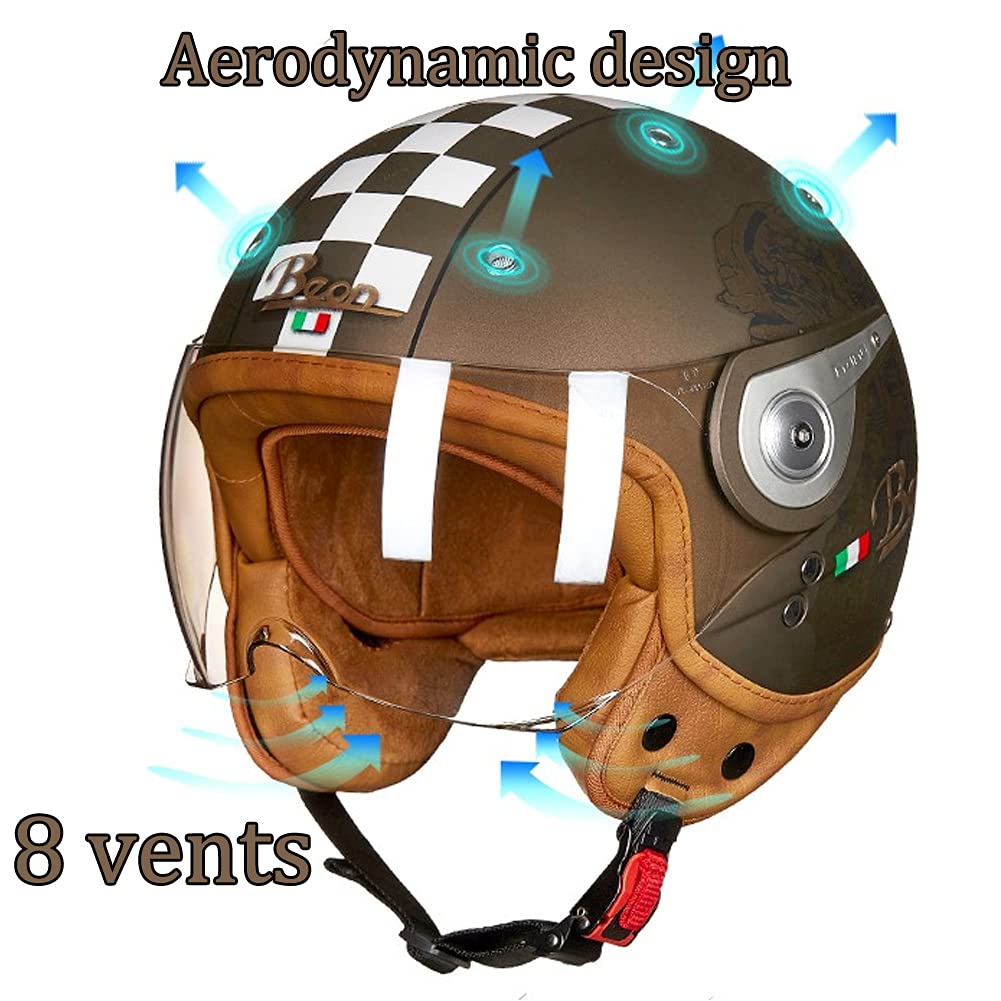 Vespa Motorcycle Helmet, Retro 3/4 Open Face Helmet with Sun Visor