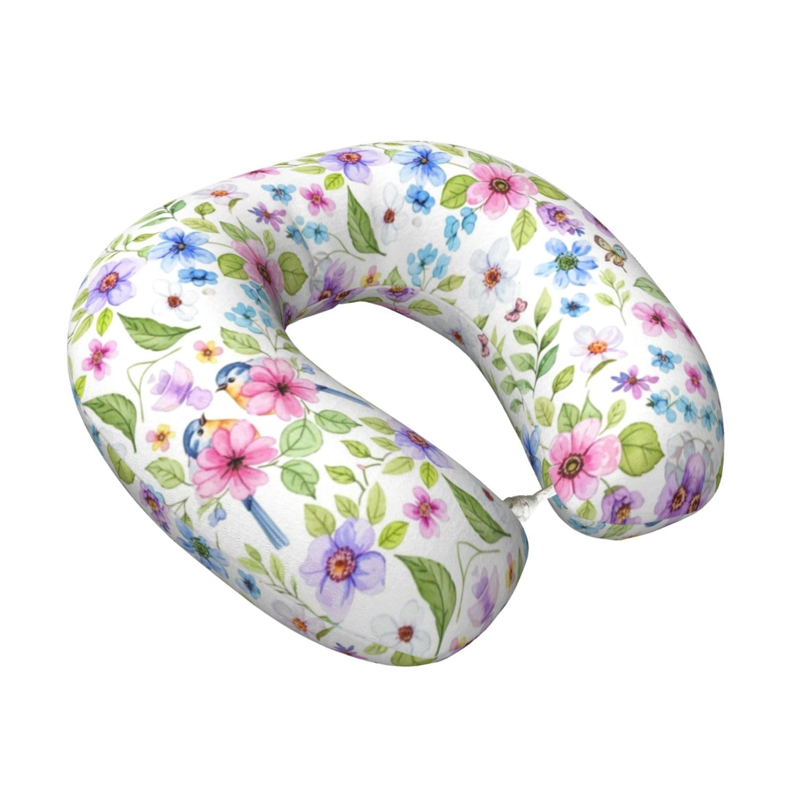 Travel Neck Comfort Pillow Watercolor Floral Vintage Flowers and Birds Butterflies Peony Flower, U-Shaped Memory Foam Design for Support on Planes, Cars, and at Desk