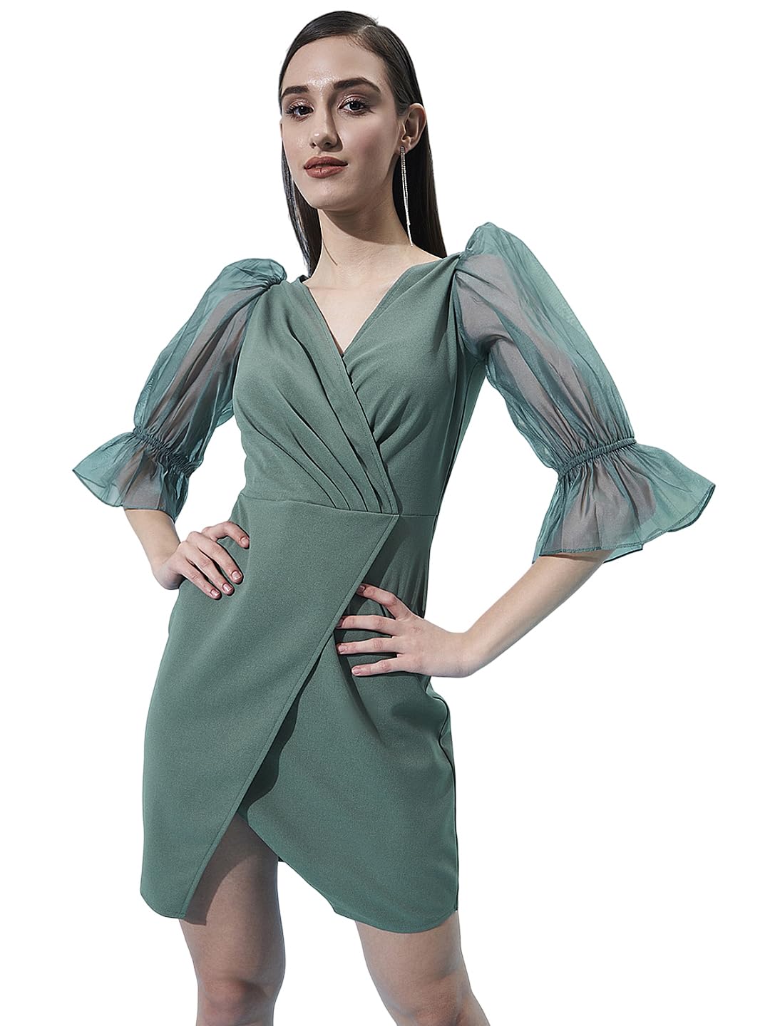 Women and Girls Polyester Regular Fit Solid Print Knee Length Cape Sleeve Green Wrap Assymetric Casual Dress
