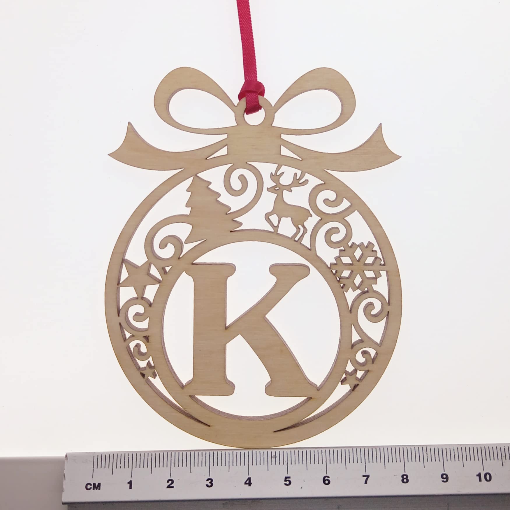 Personalised Christmas tree bauble decoration pendant ornament: Letter K, Natural Wood, Small - Image 3