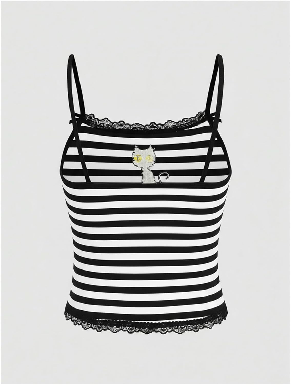 SOLY HUX Women's Y2k Lace Striped Cami Crop Tops Spaghetti Strap Cat Embroidery Camisole - Image 2