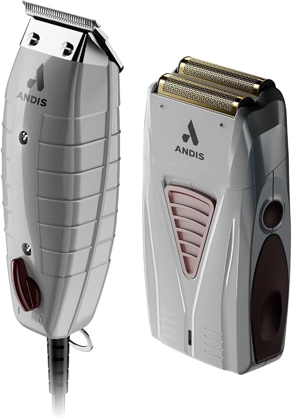 Andis 17270 T-Outliner Trimmer & Pro Foil Titanium Shaver Finishing Combo | Vintage full-metal design, 7,200 SPM low-noise motor, cord/cordless lithium-ion, beard trimmer & foil shaver