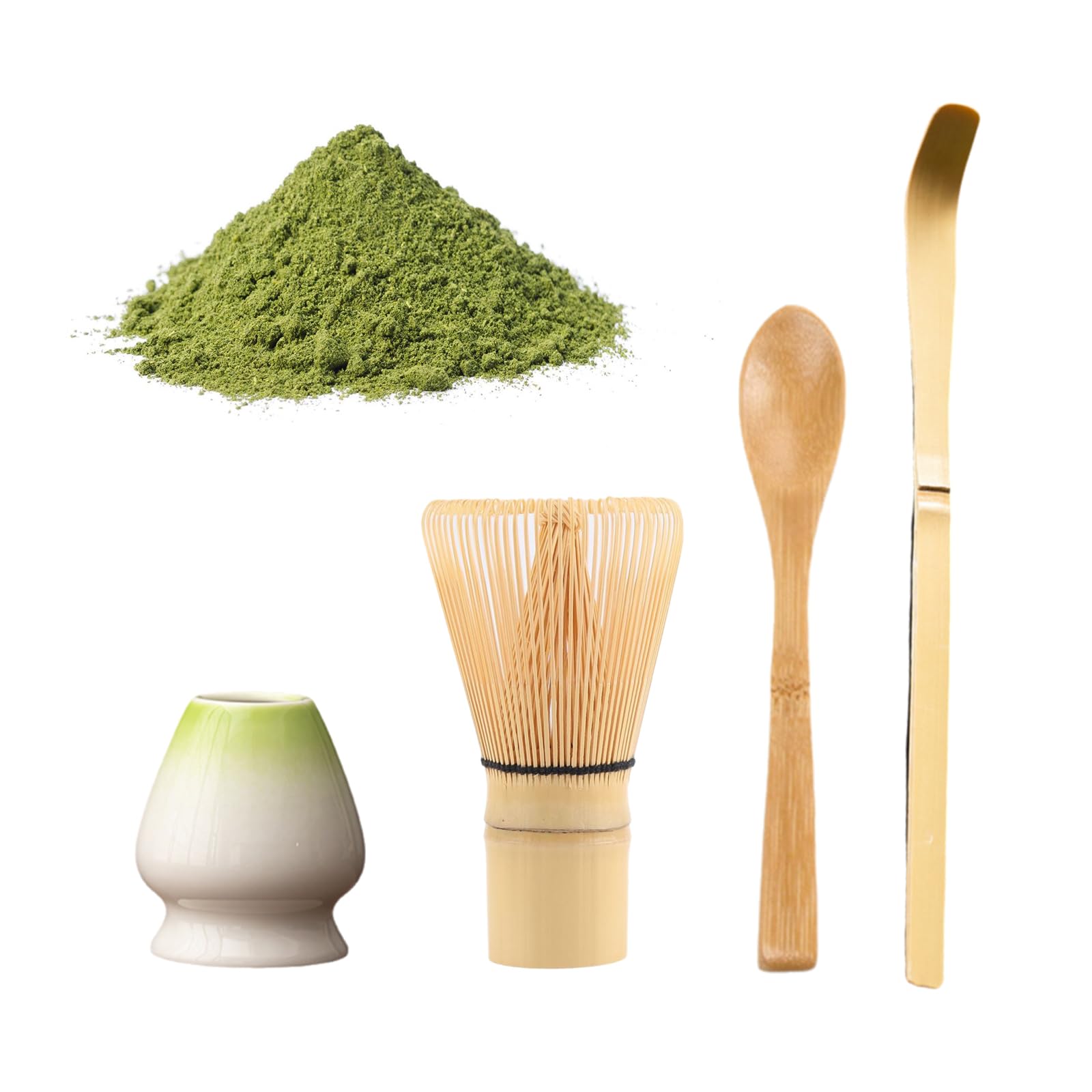 Matcha Ceremony Accessory 4 Set - Handmade Japanese Matcha Tools: Bamboo Whisk Holder, Scoop, Traditional Tea Spoon