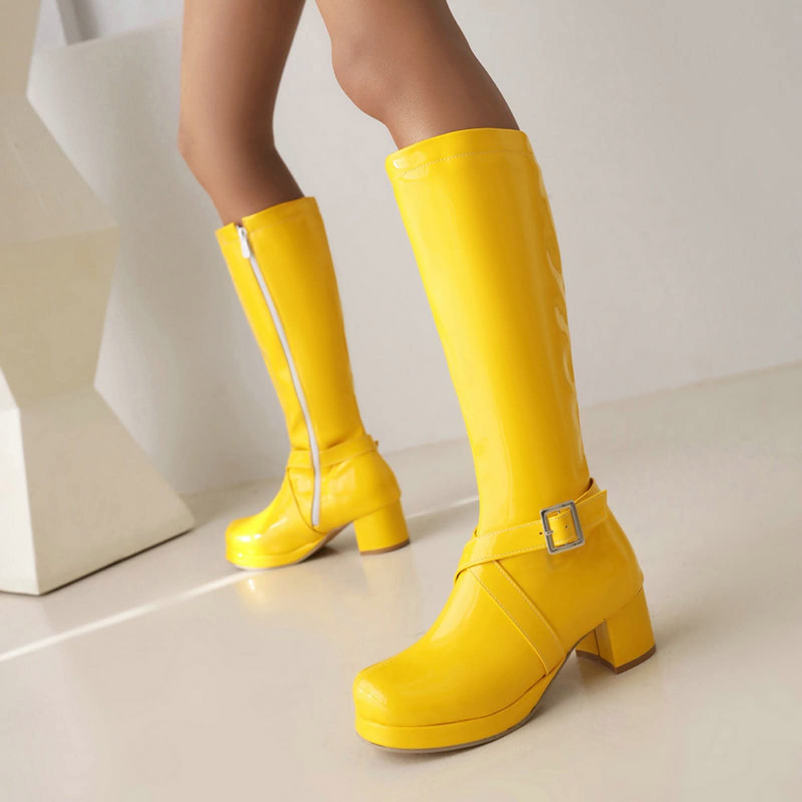 Botas de pantorrilla media para mujer e invierno Hebilla de color sólido de moda Cremallera lateral Cómodo tacón grueso Zapatos de tacón cuadrado Zapatillas de deporte para mujer, amarillo, 40 EU