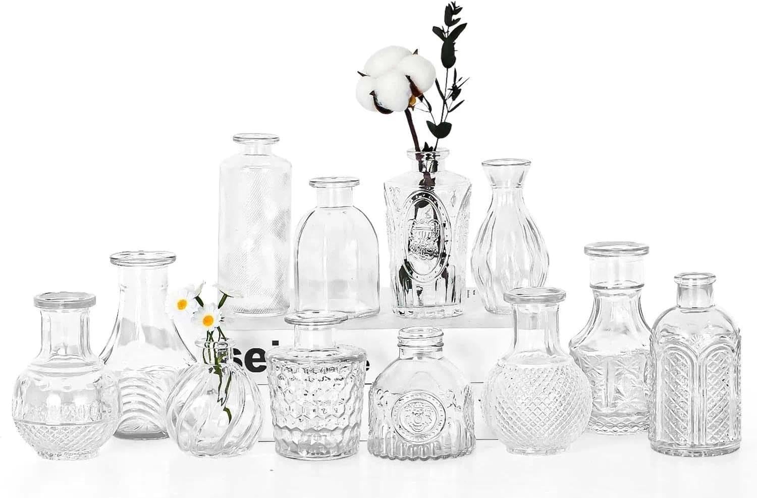 Sawoake Glass Bud Vase Set, Clear, 12 PCS, Vintage Style with Structure Pattern, for Flowers and Home Decoration (Clear, 12 PCS)