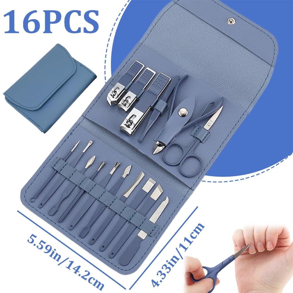Zestaw do manicure dla kobiet, Nail Grooming Kit, Professional Manicure Kit, Stainless Steel Nail Cutting Kit for Men Women, Nail Clipper Set with Leather Case for Travel Gift (16PCS)(Blue)