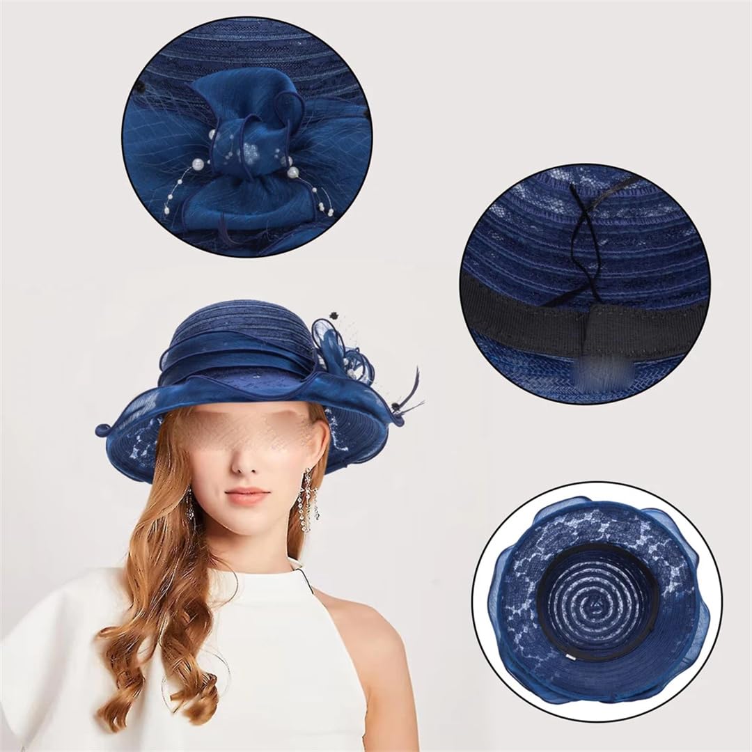 Yeuyyben Cappello da chiesa da donna, elegante, con fiocco a tesa larga, cappello da pescatore Fedora da donna estivo pieghevole