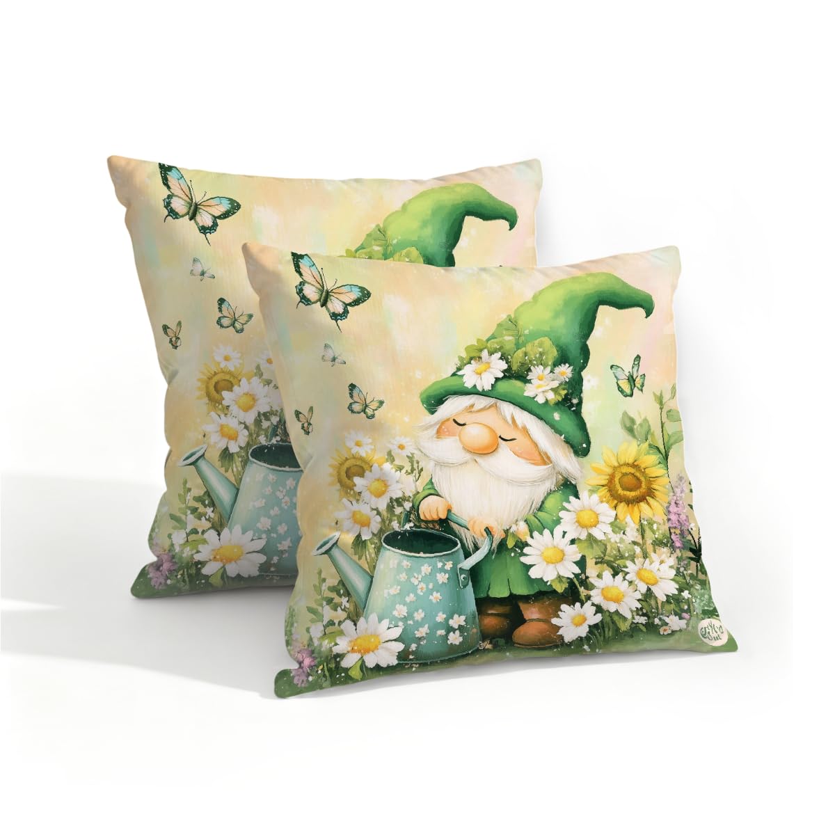 Outdoor Pillow Covers Waterproof Pillowcases 16x16IN Set of 2 Spring Summer Daisy Floral Gnome Butterfly Decorative Throw Cushion Case for Couch Sofa Garden Patio Furniture