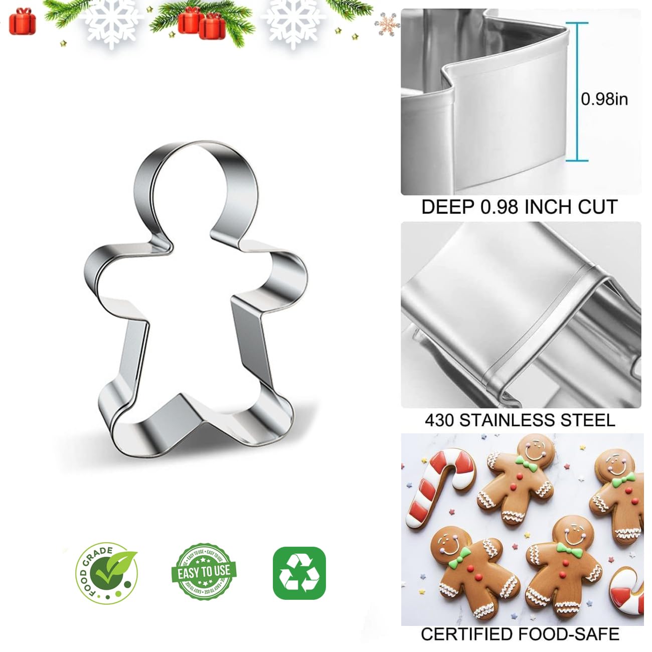 Juego de 6 cortadores de galletas de Navidad grandes, árbol de Navidad, muñeco de nieve, hombre de jengibre, copo de nieve, bastón de caramelo, cara de Papá Noel, molde cortador de galletas de 1