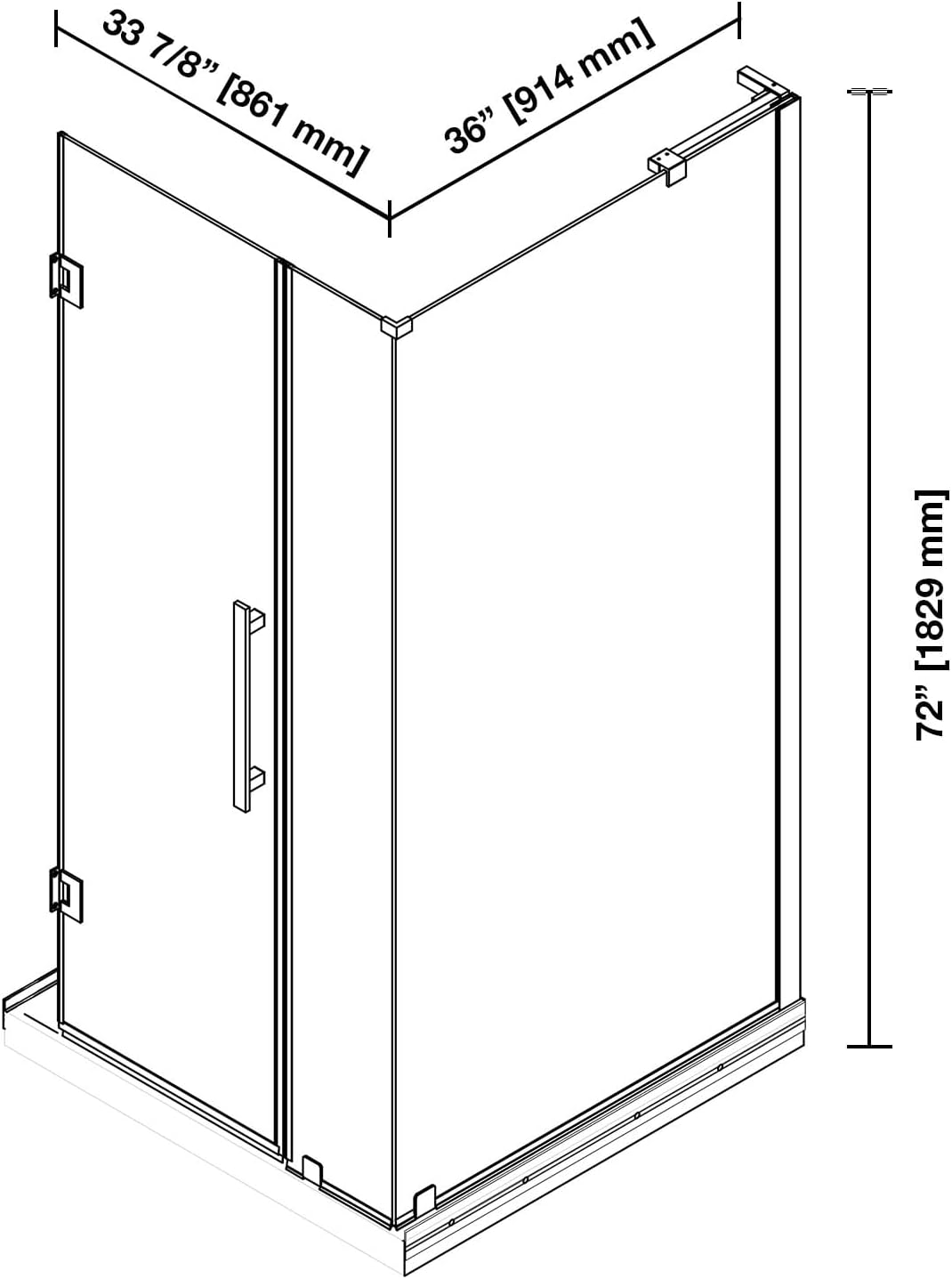 Close-up image of the black finish hinge and handle of the Panama Hinge-to-Wall Shower Door System.