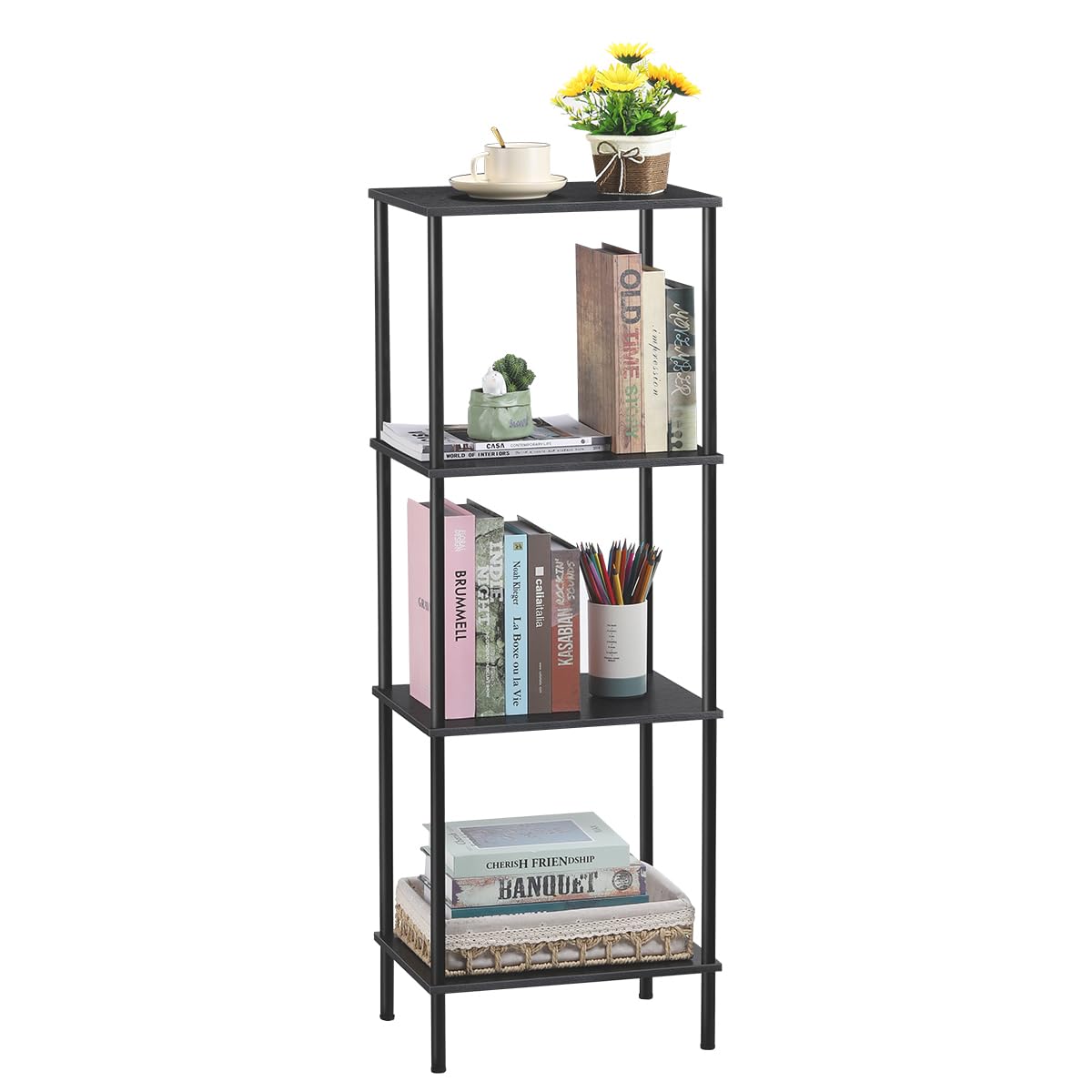 melos 4 Tier Bookshelf, Classically Tall Bookcase Shelf Storage Organizer, Modern Book Shelf for Bedroom, Living Room and Home Office, Black