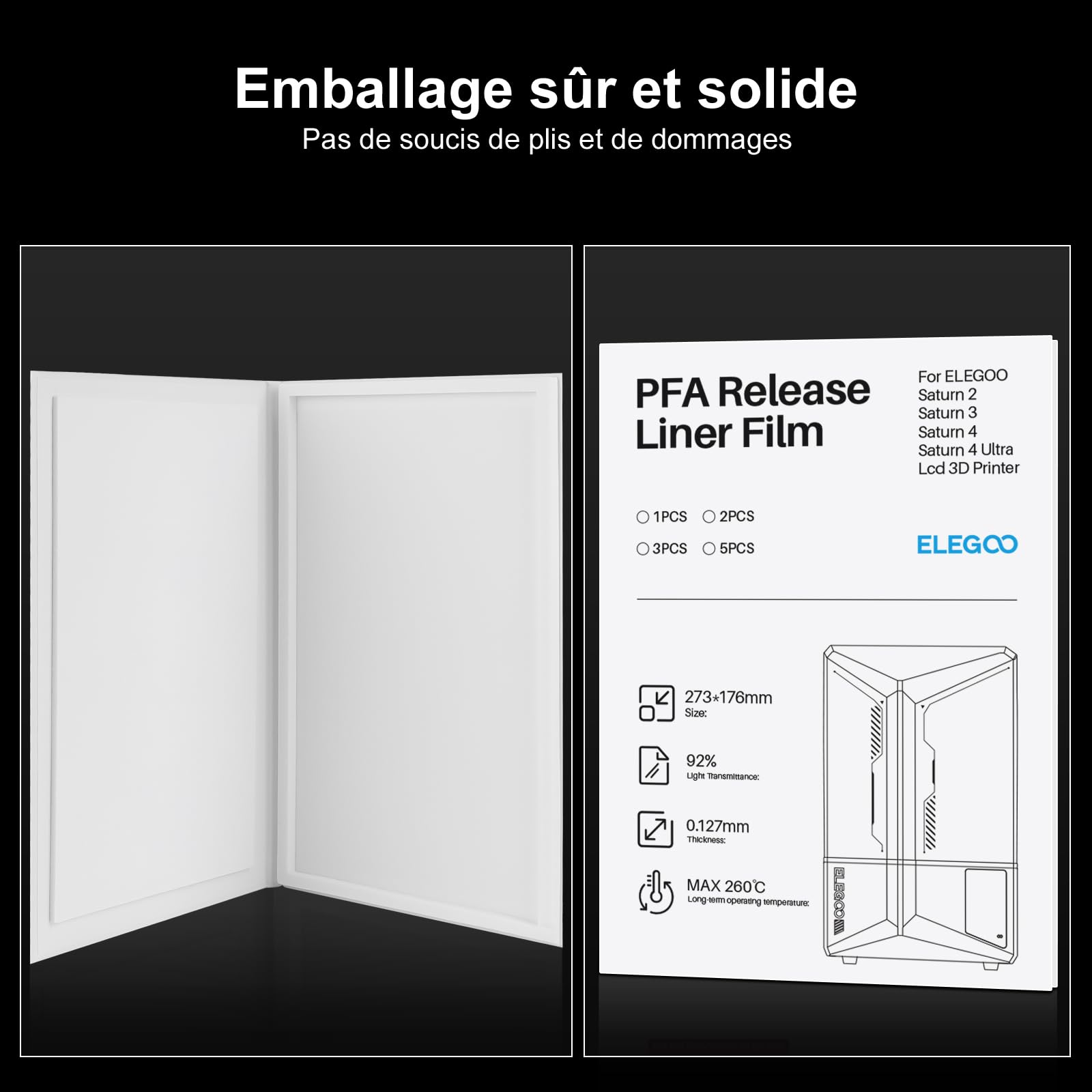 ELEGOO Film de Séparation PFA pour Saturn 2 Saturn 3 Saturn 4 Saturn 4 Ultra 12K/16K Imprimante 3D LCD Résine 273 * 176 mm avec 0,127 mm d'Épaisseur (Lot de 5)