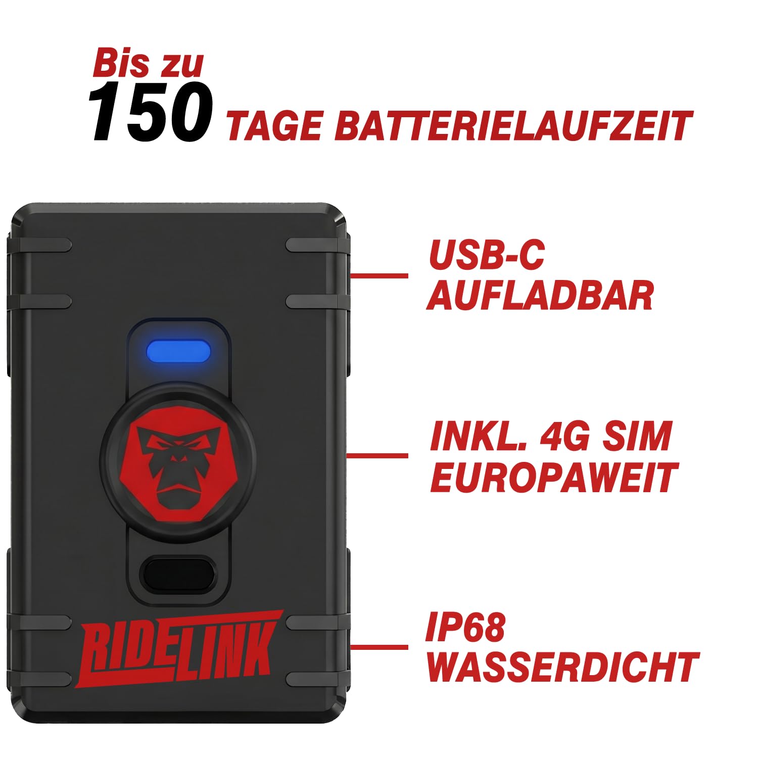 GPS Tracker Motorrad RideLink Wingman Easy | Kabellos mit 150 Tage Akku | Live Tracking und Diebstahlschutz | Inklusive Motorrad Navi, Routenplaner und Community | IP68 Wasserdicht | Made in Germany