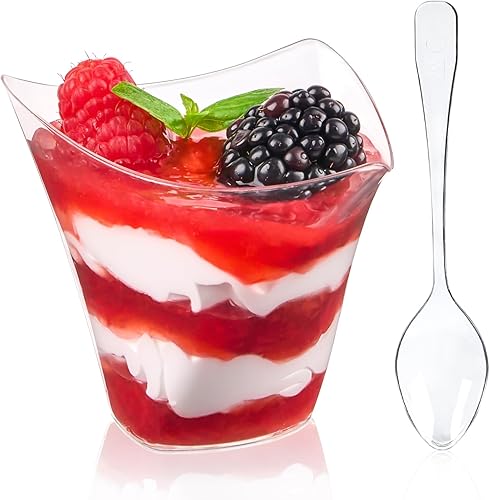 Qeirudu Mini tazas triangulares de postre de 4 onzas con cucharas, paquete de 50 vasos de plástico para aperitivos, tazas reutilizables para pudín,