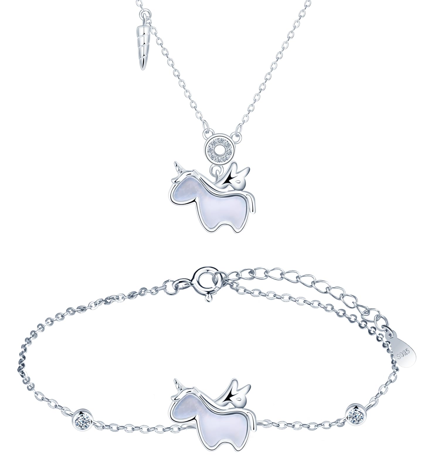 Juegos de Joyas para Mujer y Niñas, Collar y Pulsera de Plata Unicornio, Colgante Unicornio con Madreperla Cadena 39+4cm, Plata de Ley 925 Conjuntos Joyas Fiesta Cóctel