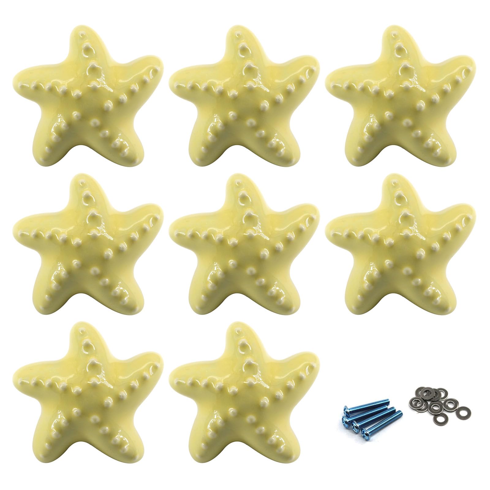 Zerniple Yellow Ceramic Door Knobs Starfish Shape Drawer Pull Handle for Kids Room Cabinet Cupboard Wardrobe Knobs (Come with Screws and Shims)