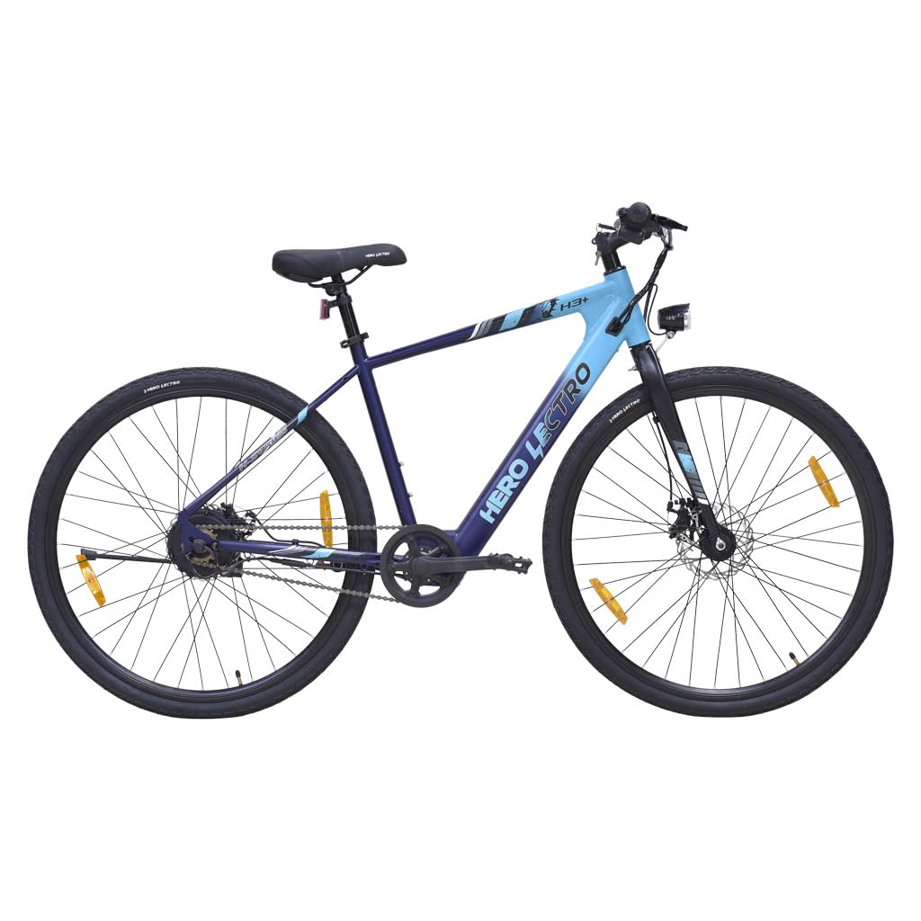 Hero Lectro H3+ 700C Single Speed Electric Cycle | 250W Motor | 5.8Ah Battery | Speed Upto 25 Kmph | Range Upto 25 KM with Intube Battery | 98% Assembled Cycle (Blue-Black)