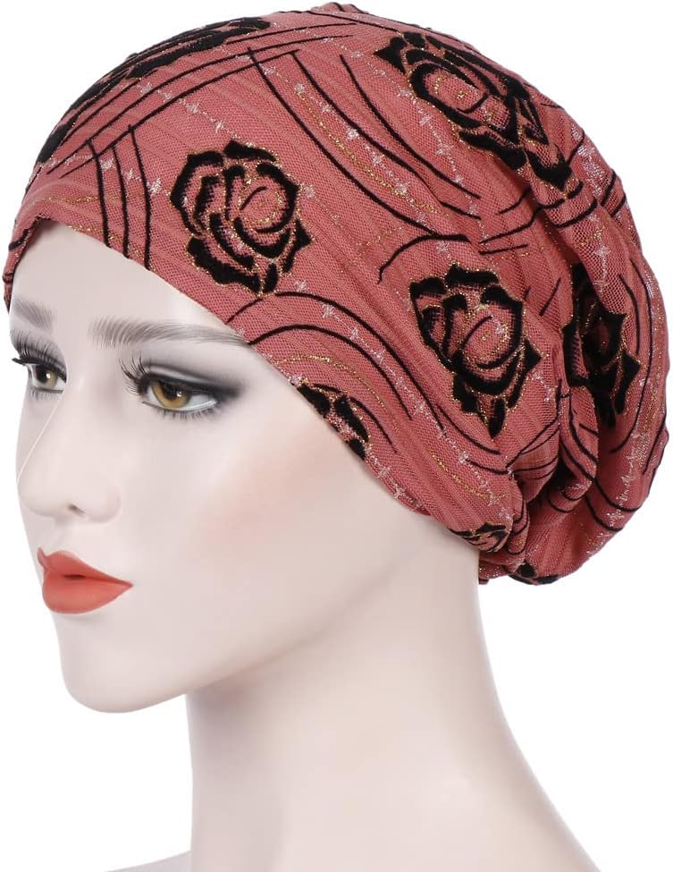Chemo Turban Headwear for Women Rose Flower Print Lace Caps Beanis Headwrap Scarf Hats Cancer Headcover