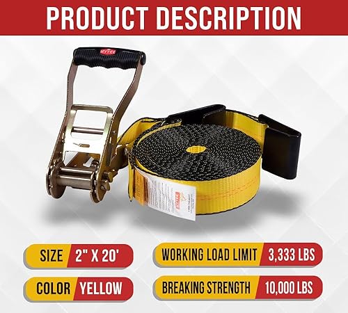 Vista 62 de Mytee Products Paquete de 20 correas de trinquete de 2 pulgadas x 30 pies con gancho plano, WLL 3,333 amarre de remolque, rojo para plataforma