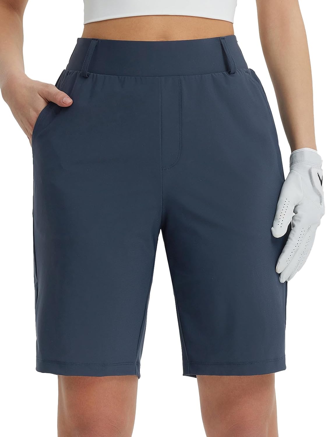 BALEAF Women's Golf Shorts 9'' Knee Length Stretch Bermuda Long Shorts Belt Loops Pockets Casual Work UPF 50+