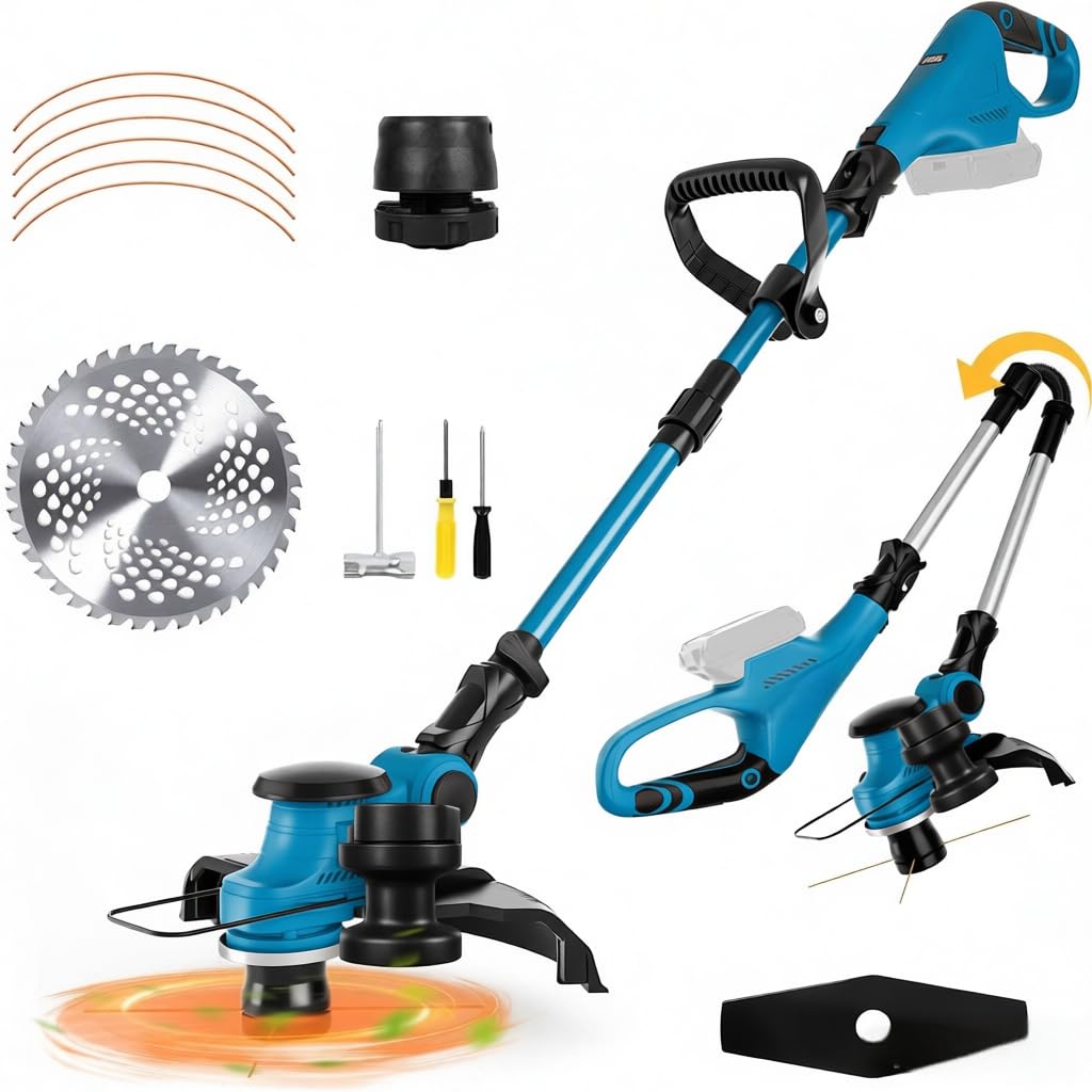 Cordless Strimmer Compatible with Makita 18V Battery (No Battery), Brushless Foldable Electric Grass Trimmers with Battery Display, 75° Rotation Head and 90° Rotation Handle for Gardens Lawns