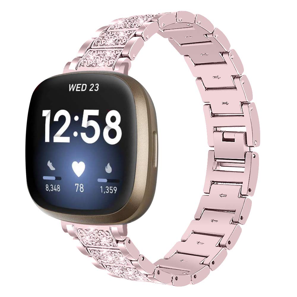 Gimuk Straps Compatible with Fitbit Versa 4/Sense 2/Versa 3/Sense Strap for Women Men, Metal Bling Diamonds Stainless Steel Wristband Replacement Strap Band Bracelet for Fitbit Versa 4 (Rose Pink)