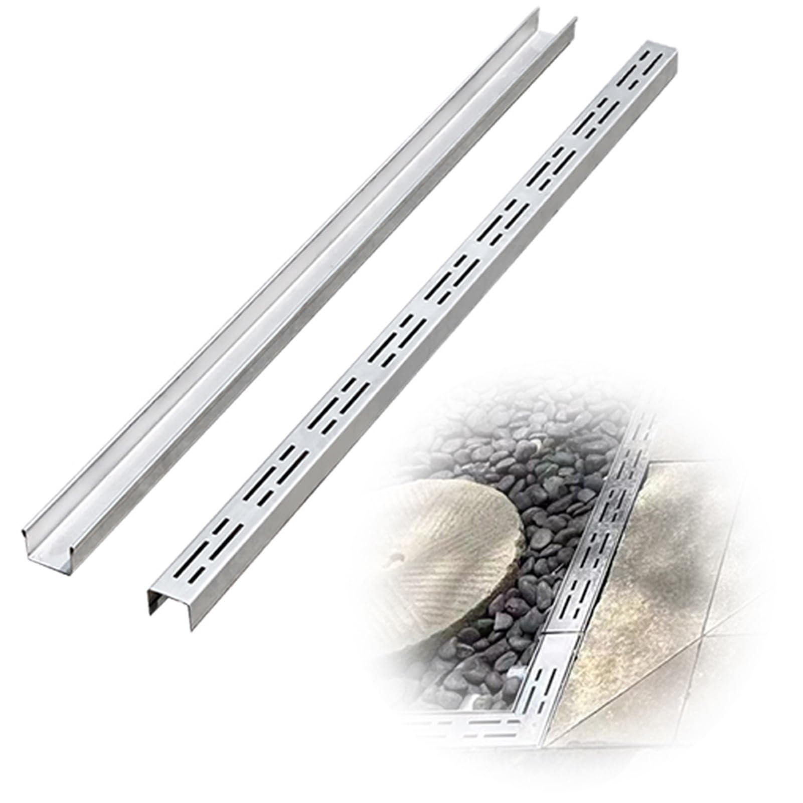 Kit caniveau extérieur mince drainage terrasse et allée en inox 10x3cm