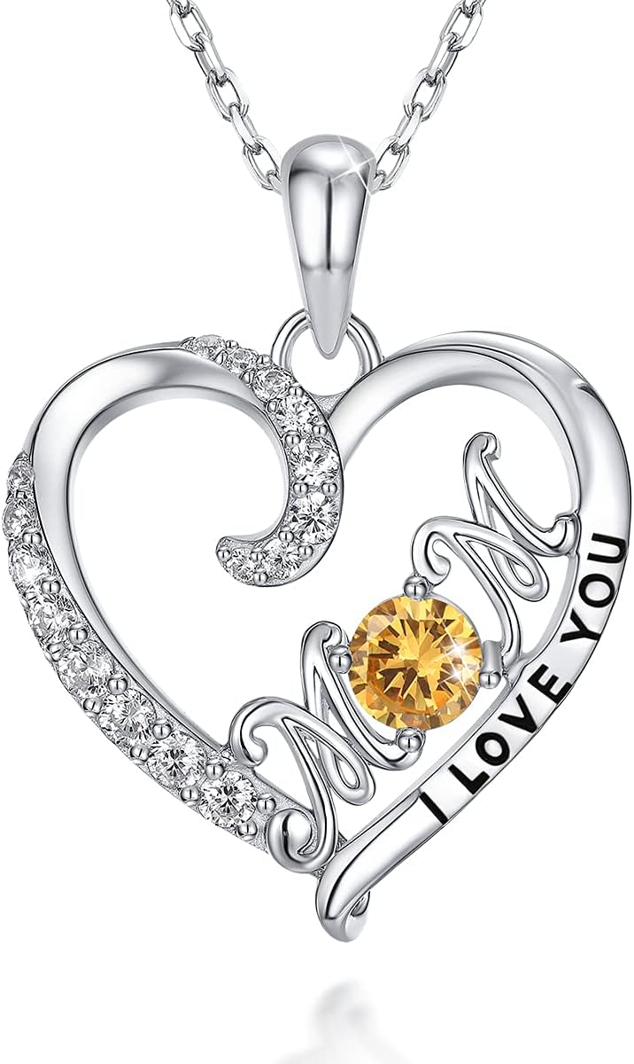 Love Heart 925 Sterling Silver Necklace, Gold Plated Birthstone Pendant Mom Necklaces with Cubic Zirconia for Mother Women